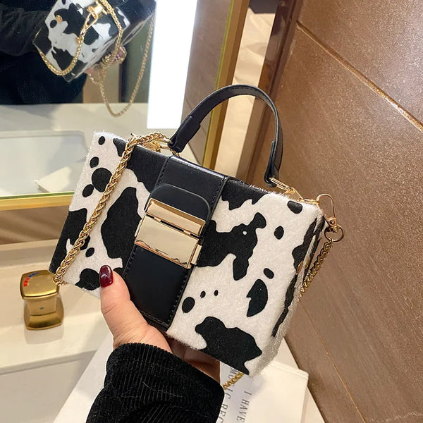 Cow Pattern Box Shape Shoulder Crossbody Bag Cute Purses and Handbags for Women Cow Pattern Clutch Fashion Novelty Bags