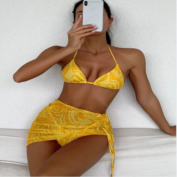 Fluid Pattern Three-Piece Suit Bikinis Swimsuit Bikini- S - L