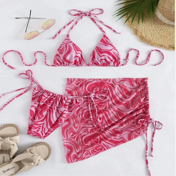 Fluid Pattern Three-Piece Suit Bikinis Swimsuit Bikini- S - L