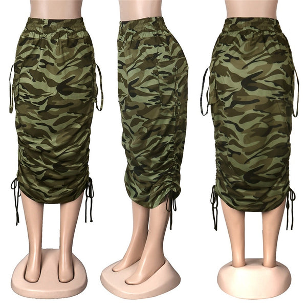 Camouflage Newspaper Print Draw String Ruched Long Skirts Women Clothing Fashion 2023