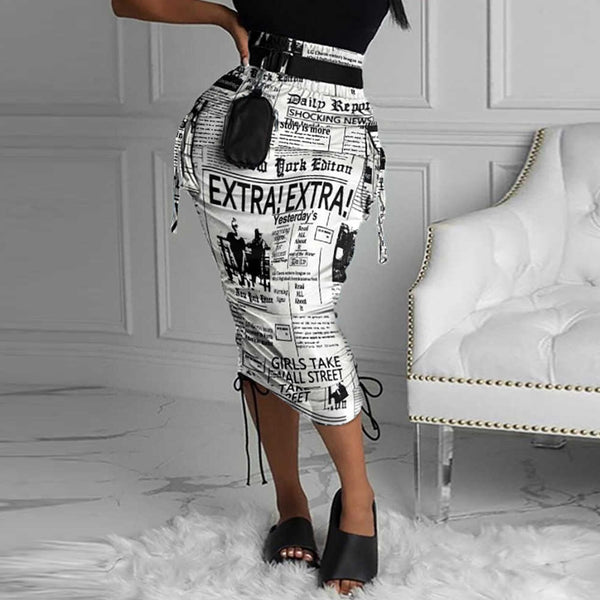 Camouflage Newspaper Print Draw String Ruched Long Skirts Women Clothing Fashion 2023