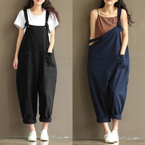 Women's Vintage Linen Overalls Casual Backless Rompers Female Suspender Playsuits Plus Size S-5XXL