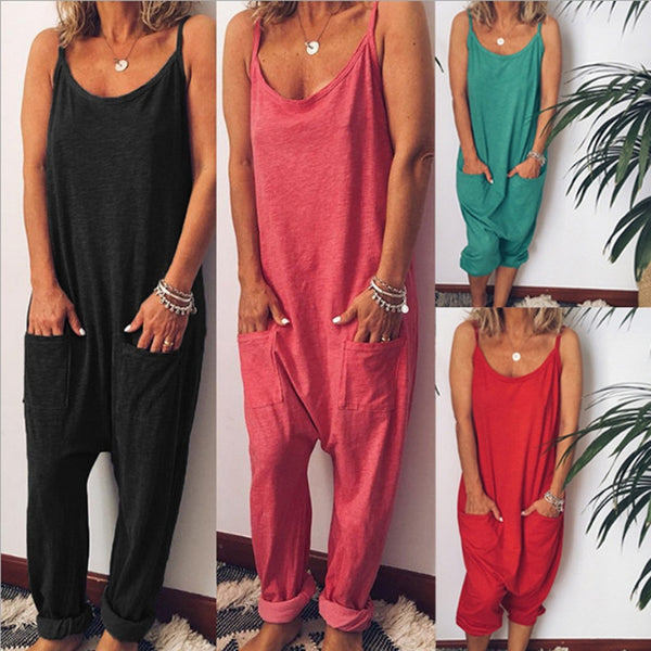 Loose Solid Color Cotton Jumpsuit for Women Round Neck Strap Sleeveless Casual Jumpsuit