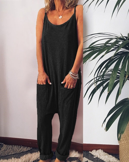 Loose Solid Color Cotton Jumpsuit for Women Round Neck Strap Sleeveless Casual Jumpsuit