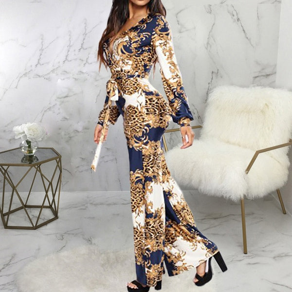 Leopard Tied Waist Long Sleeve Jumpsuit Women Rompers Fashion One Piece Overalls Casual Jumpsuits Streetwear