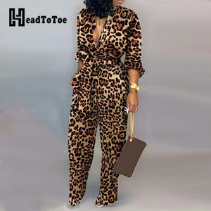 Leopard Tied Waist Long Sleeve Jumpsuit Women Rompers Fashion One Piece Overalls Casual Jumpsuits Streetwear