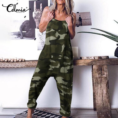 Summer Sleeveless Camouflage Printed Loose Drop-Crotch Playsuits Harem Romper Pants SM-5XXL