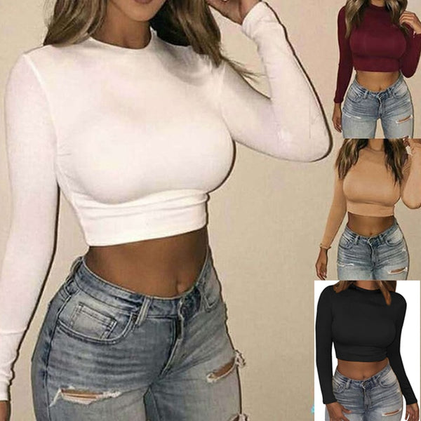 Women Sexy Bodycon Long Sleeve O-neck Crop Top Modis Sheath T Shirt