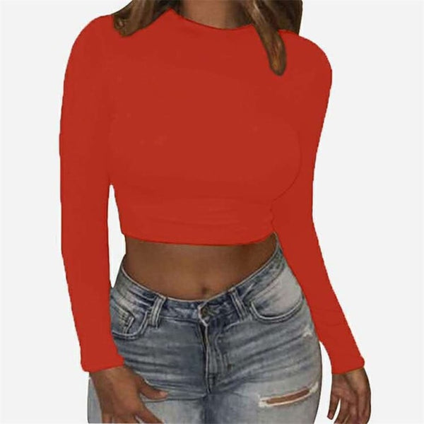 Women Sexy Bodycon Long Sleeve O-neck Crop Top Modis Sheath T Shirt