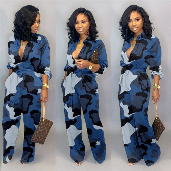 Women Casual V Neck Long Sleeve Button Tie Camo Jumpsuit Romper Suit Clubwear Oversized camouflage Fashion  jumpsuit