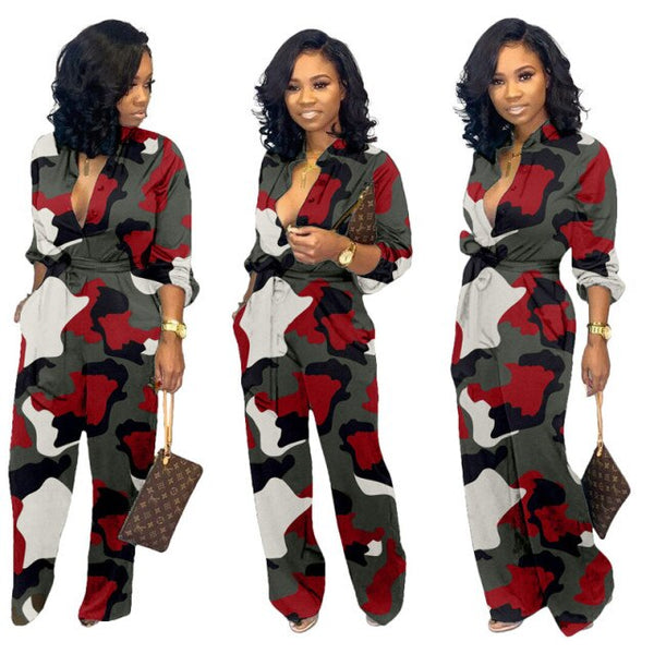 Women Casual V Neck Long Sleeve Button Tie Camo Jumpsuit Romper Suit Clubwear Oversized camouflage Fashion  jumpsuit