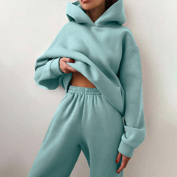 Women Elegant Solid Sets Hoodie Sweatshirts Long Pant Fashion Two Piece Sets Ladies Sweatsuits