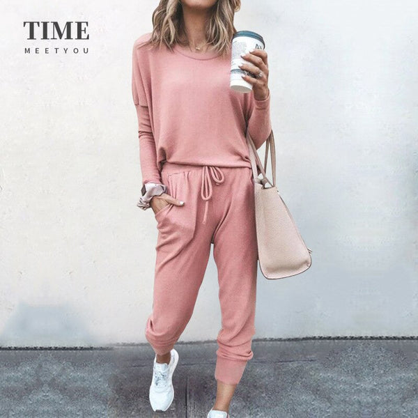 New Womens Loose Solid Color Long Sleeve T-shirts Pants Casual Matching Sets Autumn Winter Lace Up Home Clothes Yoga Street Wear