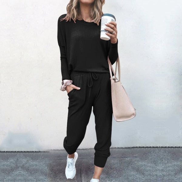 New Womens Loose Solid Color Long Sleeve T-shirts Pants Casual Matching Sets Autumn Winter Lace Up Home Clothes Yoga Street Wear