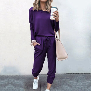 New Womens Loose Solid Color Long Sleeve T-shirts Pants Casual Matching Sets Autumn Winter Lace Up Home Clothes Yoga Street Wear