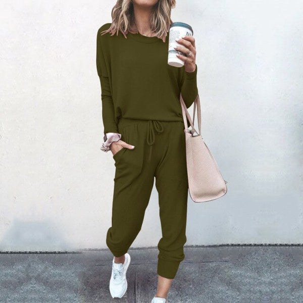 New Womens Loose Solid Color Long Sleeve T-shirts Pants Casual Matching Sets Autumn Winter Lace Up Home Clothes Yoga Street Wear