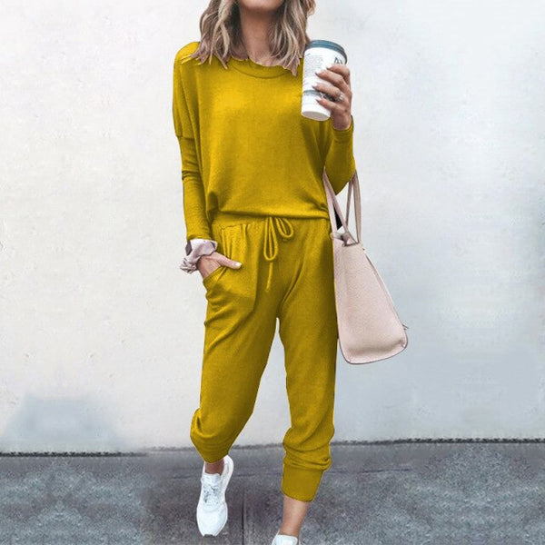 New Womens Loose Solid Color Long Sleeve T-shirts Pants Casual Matching Sets Autumn Winter Lace Up Home Clothes Yoga Street Wear