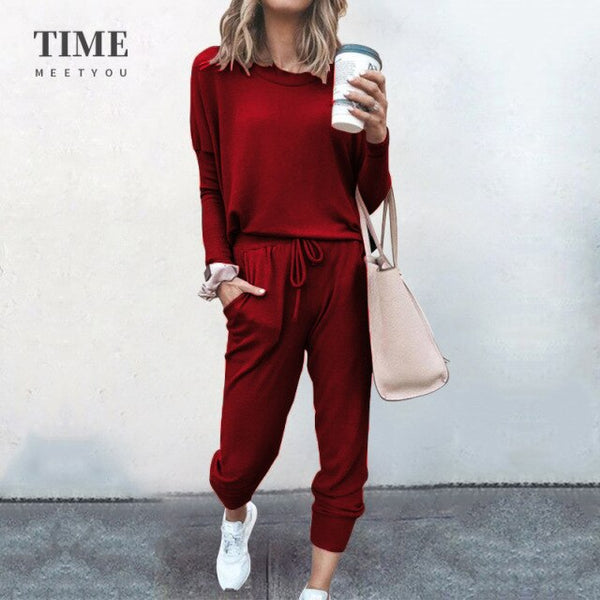 New Womens Loose Solid Color Long Sleeve T-shirts Pants Casual Matching Sets Autumn Winter Lace Up Home Clothes Yoga Street Wear