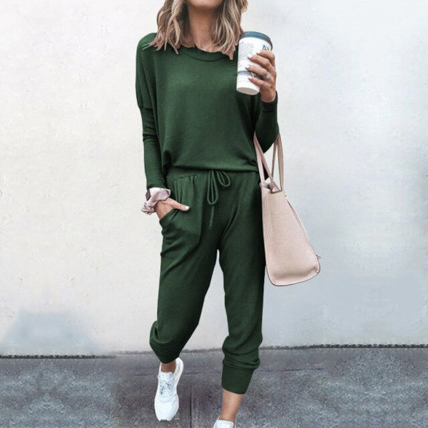 New Womens Loose Solid Color Long Sleeve T-shirts Pants Casual Matching Sets Autumn Winter Lace Up Home Clothes Yoga Street Wear